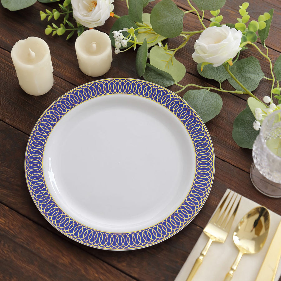 10 Pack White Disposable Party Plates With Navy Blue Gold Spiral Rim, 10" Round Plastic Dinner Plate