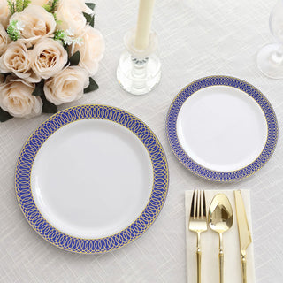 Elegant White Disposable Party Plates with Navy Blue Gold Spiral Rim