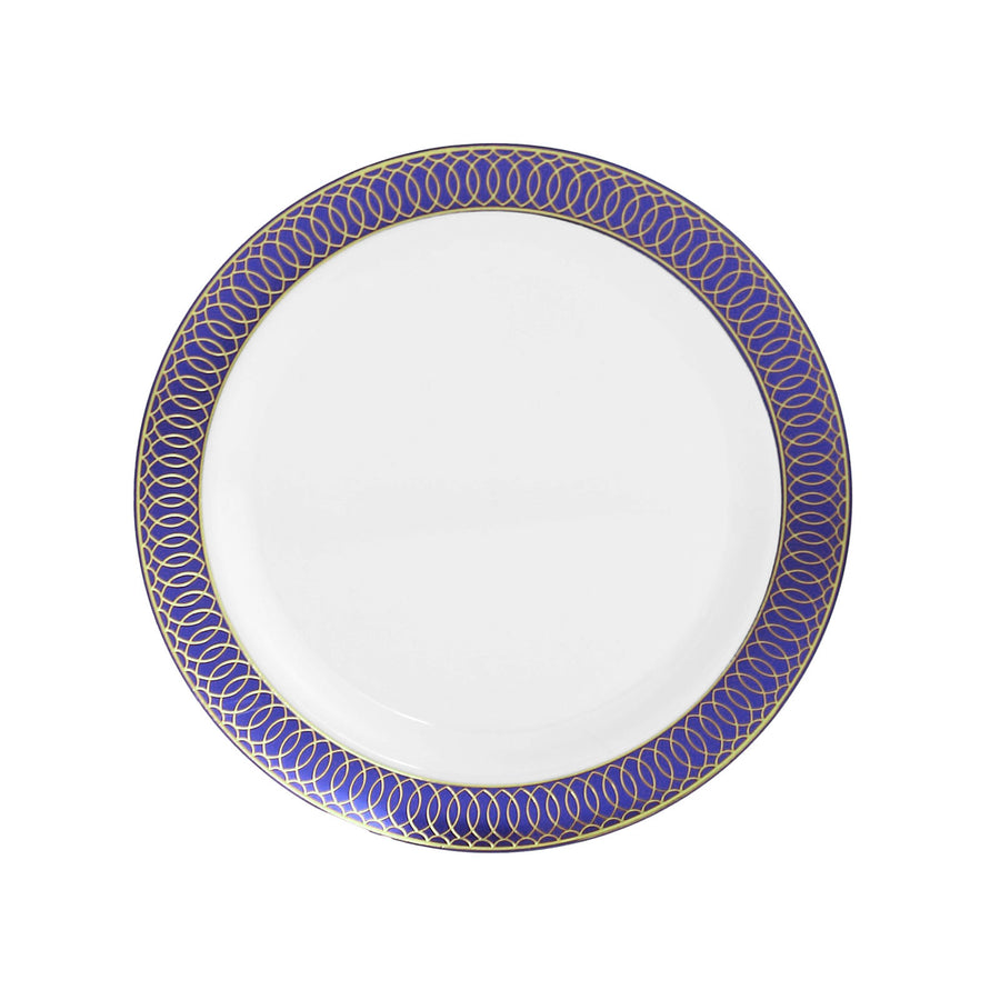 10 Pack White Disposable Salad Plates With Navy Blue Gold Spiral Rim#whtbkgd