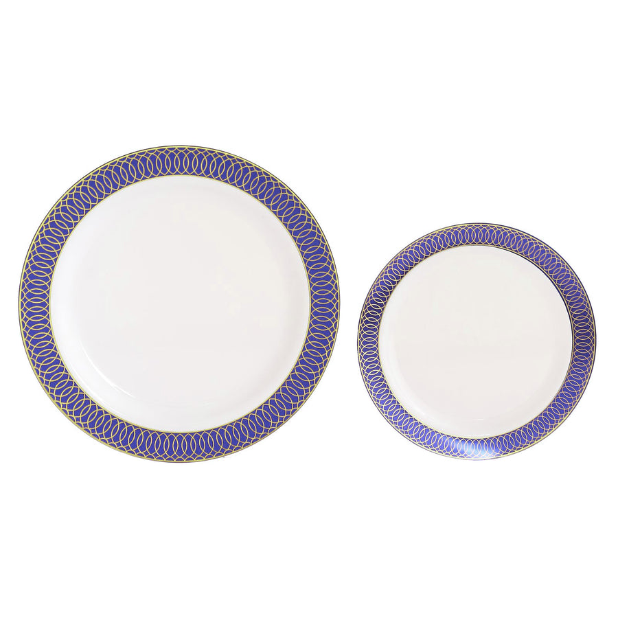 10 Pack White Disposable Salad Plates With Navy Blue Gold Spiral Rim
