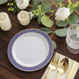 10 Pack White Disposable Salad Plates With Navy Blue Gold Spiral Rim