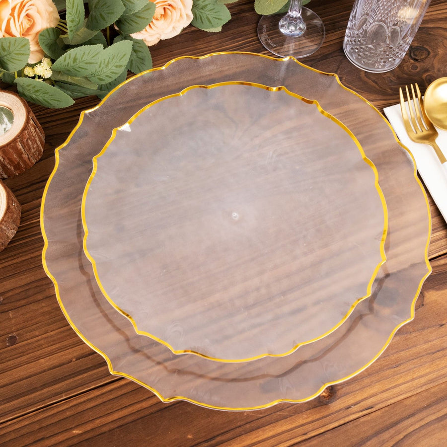 10 Pack Clear Sunflower Disposable Dinner Plates with Gold Scalloped Rim