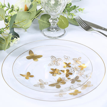 Set of 20 Clear Gold Butterfly Plastic Party Plates, Round Disposable Dinner and Salad Plates with Gold Rim - 8",10"