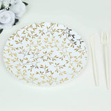 10 Pack White Round Plastic Party Plates with Gold Leaf Design, 