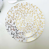 10 Pack White Round Plastic Party Plates with Gold Leaf Design, 