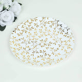 10 Pack White Round Plastic Party Plates with Gold Leaf Design, 