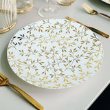 10 Pack White Round Plastic Party Plates with Gold Leaf Design, 