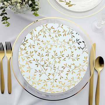 10 Pack White Round Plastic Party Plates with Gold Leaf Design, 10" Heavy Duty Disposable Dinner Plates