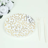 10 Pack White Round Plastic Dessert Plates with Gold Leaf Design