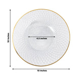 Clear decorative plate with gold trim, 10 inches diameter.