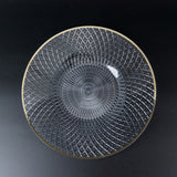 Elegant glass plate with intricate diamond pattern and gold rim.