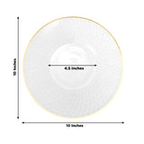 Elegant white plate with gold trim, 10 inches diameter, 4.5 inches center