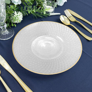 20-Pack Round Pearl White Plastic Dinner Plates – 10" Radial Diamond-Cut Pattern Gold Rim Party Plates, Durable Disposable Tableware