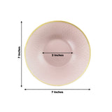Pink decorative plate with gold trim, 7 inches in diameter.