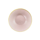 Pink decorative plate with gold rim, intricate textured design. #whtbkgd