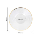 White decorative plate with gold trim, 7 inches diameter, 3 inches height.