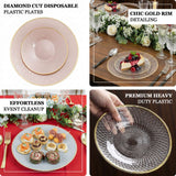 Diamond cut disposable plastic plates with chic gold rim detailing.