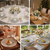 Elegant dining table settings with floral centerpieces and candlelight ambiance.