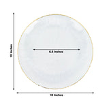 White decorative plate with gold rim, 10 inches in diameter.