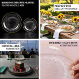 Ribbed sunburst plastic plates with gold rim, perfect for elegant weddings.