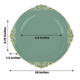 Dusty Sage Gold Leaf Embossed Baroque Plastic Dinner Plates, Disposable Vintage Round Dinner Plates
