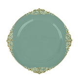 Dusty Sage Gold Leaf Embossed Baroque Plastic Dinner Plates, Disposable Vintage Round Dinner Plates