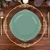 Dusty Sage Gold Leaf Embossed Baroque Plastic Dinner Plates, Disposable Vintage Round Dinner Plates