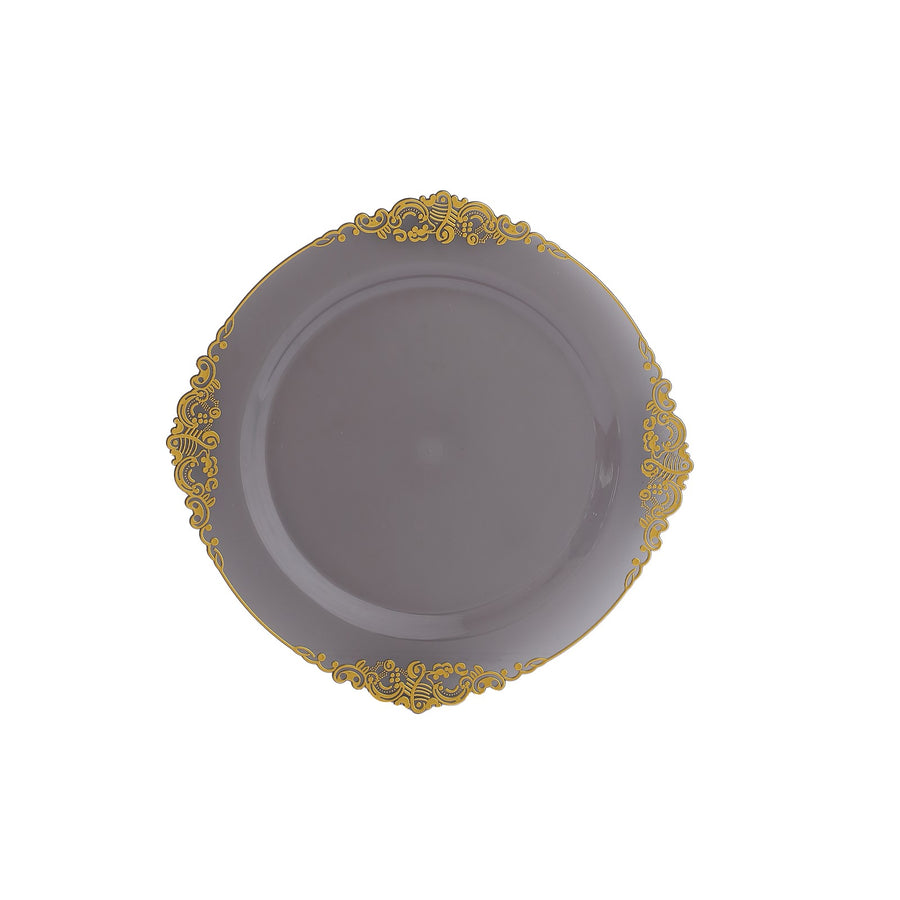 10 Pack Transparent Black Disposable Party Plates with Gold Leaf Embossed Baroque Rim