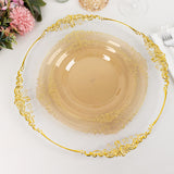 10 Pack 10inch Transparent Amber Plastic Party Plates With Gold Leaf Embossed Baroque Rim, Round 
