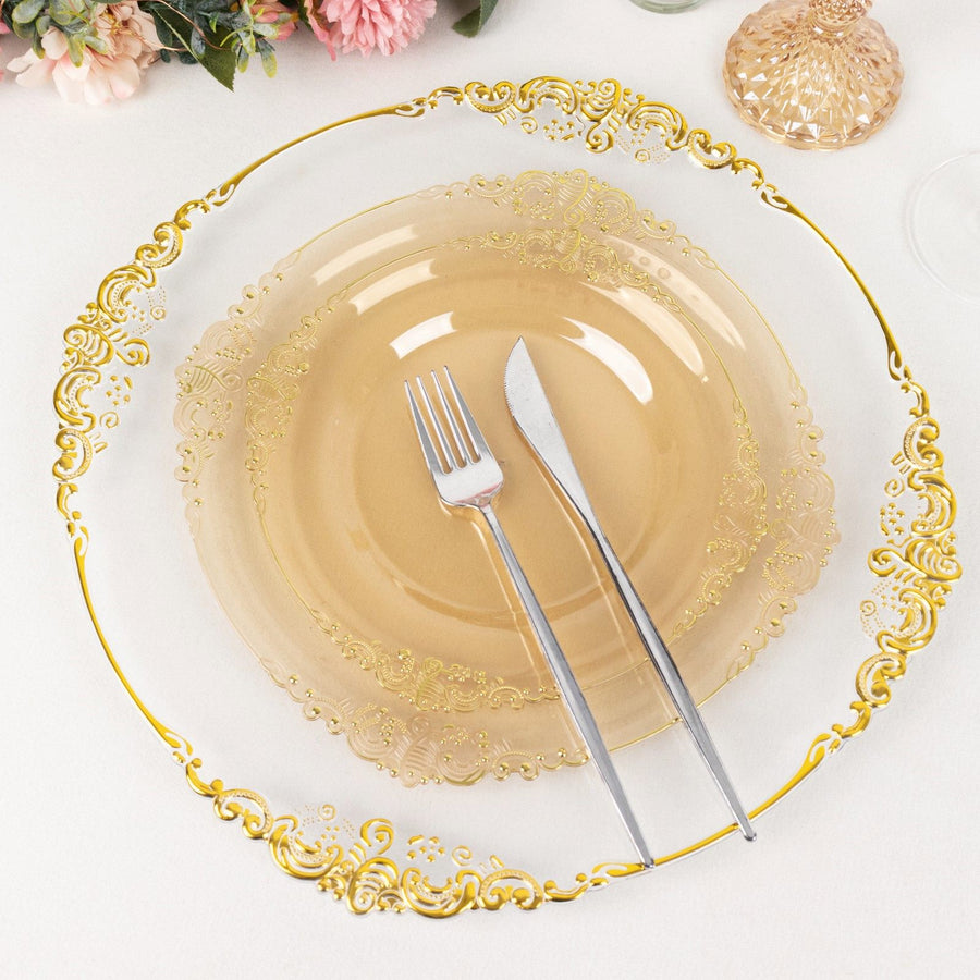 10 Pack 10inch Transparent Gold Plastic Party Plates With Gold Leaf Embossed Baroque Rim