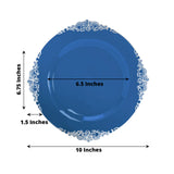 10 Pack Transparent Navy Blue Disposable Party Plates with Silver Leaf Embossed Baroque Rim