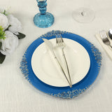 10 Pack Transparent Navy Blue Disposable Party Plates with Silver Leaf Embossed Baroque Rim