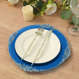 10 Pack Transparent Navy Blue Disposable Party Plates with Silver Leaf Embossed Baroque Rim