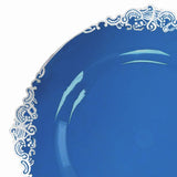 10 Pack Transparent Navy Blue Disposable Party Plates with Silver Leaf Embossed Baroque Rim#whtbkgd