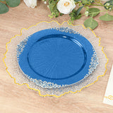 10 Pack Transparent Navy Blue Disposable Party Plates with Silver Leaf Embossed Baroque Rim