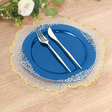 10 Pack Transparent Navy Blue Disposable Party Plates with Silver Leaf Embossed Baroque Rim, Round Plastic Dinner Plates - 10"