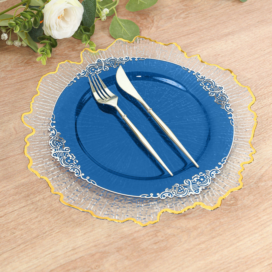 10 Pack Transparent Navy Blue Disposable Party Plates with Silver Leaf Embossed Baroque Rim