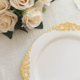 10 Pack | 10inch White Gold Leaf Embossed Baroque Plastic Dinner Plates