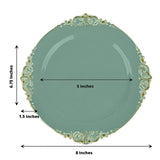 Decorative green plate with gold accents, dimensions labeled.