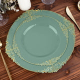10-Pack Plastic 8" Round Dessert Plates in Dusty Sage Green with Gold Leaf Embossed Rim - Disposa...