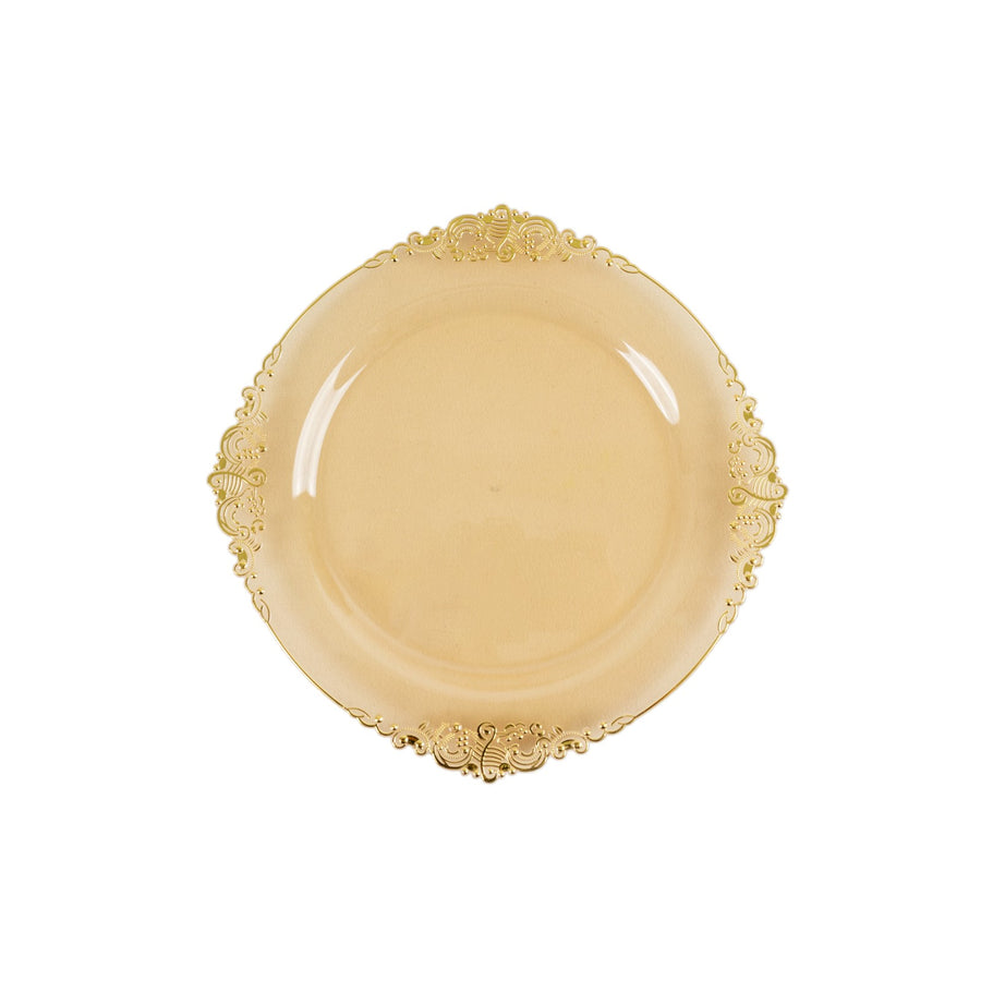 10 Pack 8" Amber Plastic Salad Plates With Gold Leaf Embossed Baroque Rim