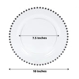 Clear glass plate with decorative beading, 10 inches diameter, 7.5 inches inner diameter.