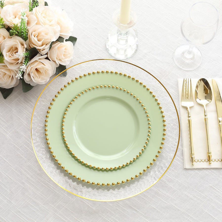 10 Pack Sage Green Disposable Party Plates with Gold Beaded Rim, 10inch Round Plastic Dinner Plates