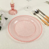 10 Pack Transparent Blush Plastic Party Plates with Beaded Rim, Round Disposable Dinner Plates