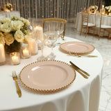 10-Pack Plastic Round Dinner Plates in Taupe with Gold Beaded Rim - Disposable Party Plates