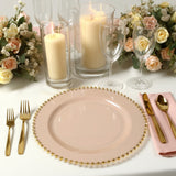 10-Pack Plastic Round Dinner Plates in Taupe with Gold Beaded Rim - Disposable Party Plates