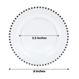 White decorative plate with beaded rim, 8 inches wide, 5.5 inches diameter.
