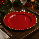 10-Pack Red Plastic Dessert Plates – Round with Gold Beaded Rim, Disposable for Parties & Events