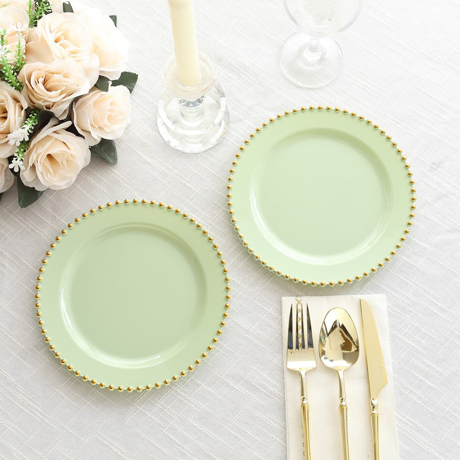 10 Pack Sage Green Plastic Salad Plates with Gold Beaded Rim, Disposable Round Appetizer Dessert