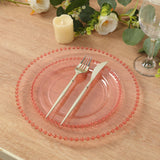 10 Pack Transparent Blush Plastic Salad Plates with Beaded Rim, Disposable Round Dessert